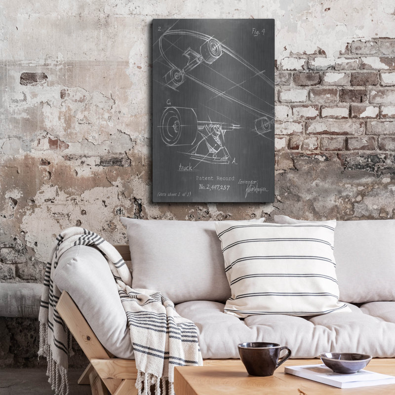 «Skateboard Blueprint 1» par Ethan Harper, art mural en métal, H 36 po x l 24 po