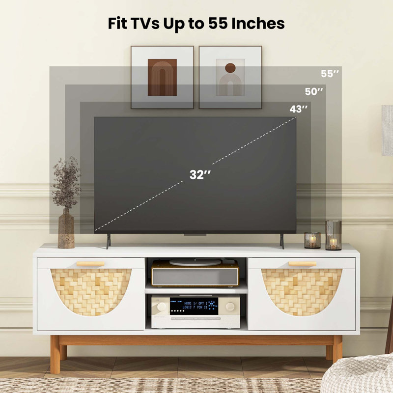 Meuble télé pour téléviseur de 55 po avec 2 tiroirs et pieds en bambou tissés en bois massif Bay Isle Home ™ blanc