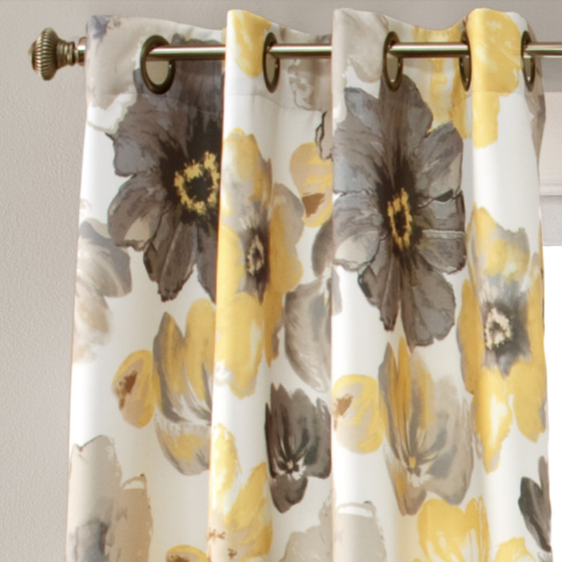 Yellow and Gray Floral Faux Silk Room Darkening Curtain Panels, 52"W x 84"L