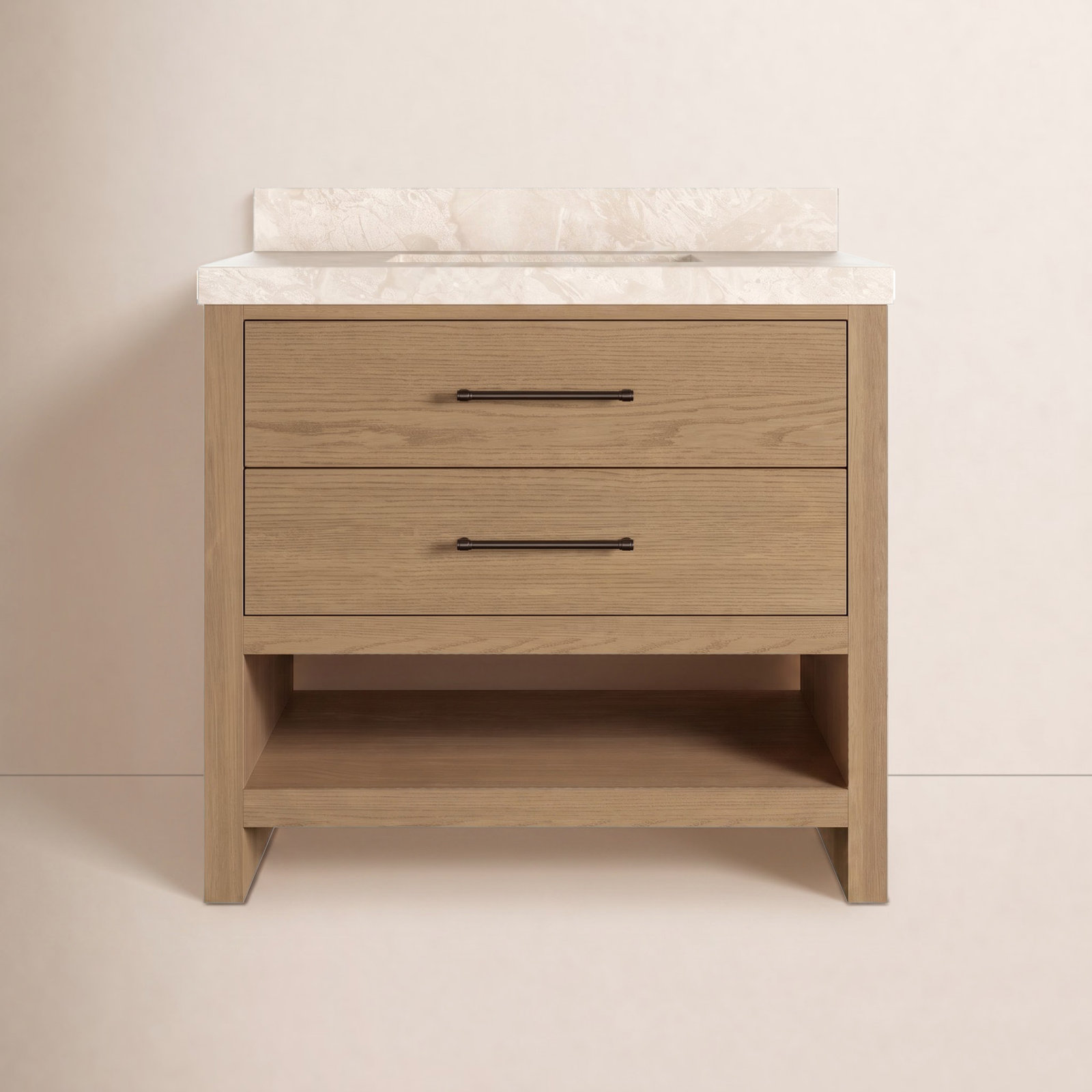 Mattia Single Bathroom Vanity, Satin Light Wash Oak, Sand Marble