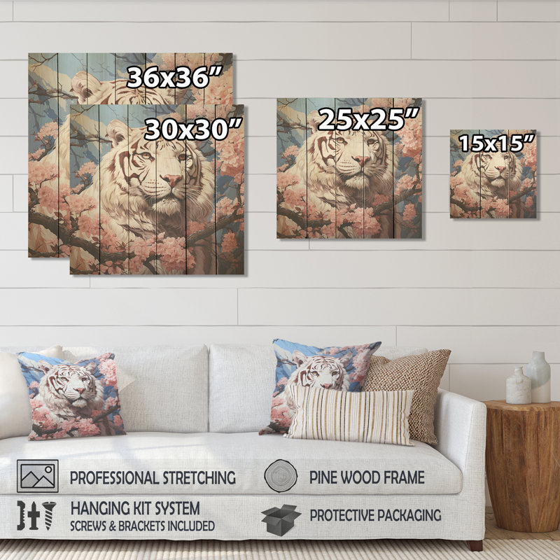 Tigre blanc à fleurs roses, beauté III - animal tigré sur bois, H 15 po x l 15 po
