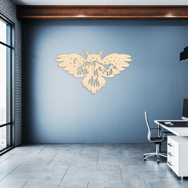 Art mural hibou avec montagne, arbres et étoiles - ACM, H 18,7 po x l 32 po x P 0,25 po, Blanc