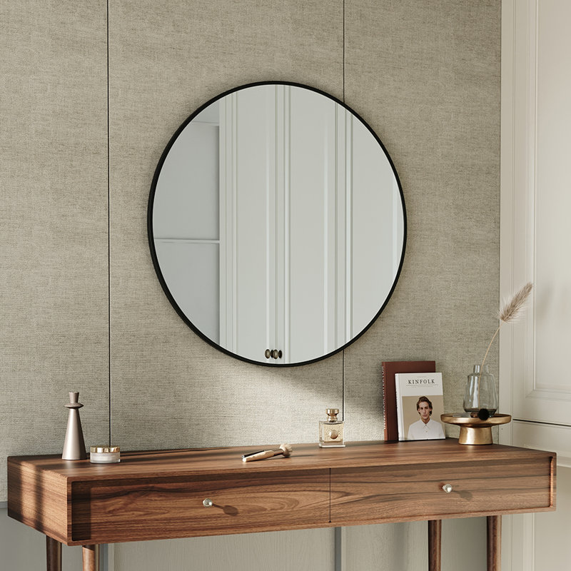 Baum Nordic Round Bathroom Framed Mirror Wall Hanging, Black, 90cm H x 90cm W x 2.8cm D