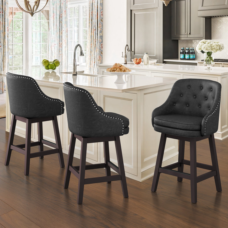 Tabouret de bar rembourré Chela Vigo, Siège en similicuir noir tacheté / base espresso, 3