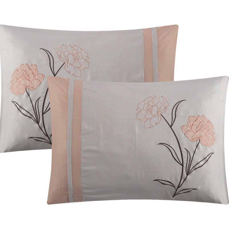 Blush Floral Microfiber Queen Comforter Set with Bonus Pillows