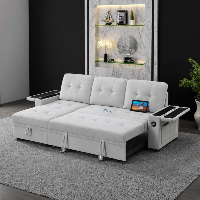 Canapé-lit modulaire gris en L avec méridienne réversible, Tissu gris