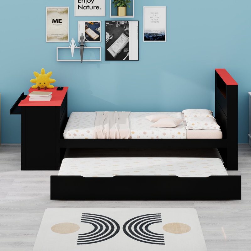 Daybed with Trundle, Desk, LED Light, Black+Red