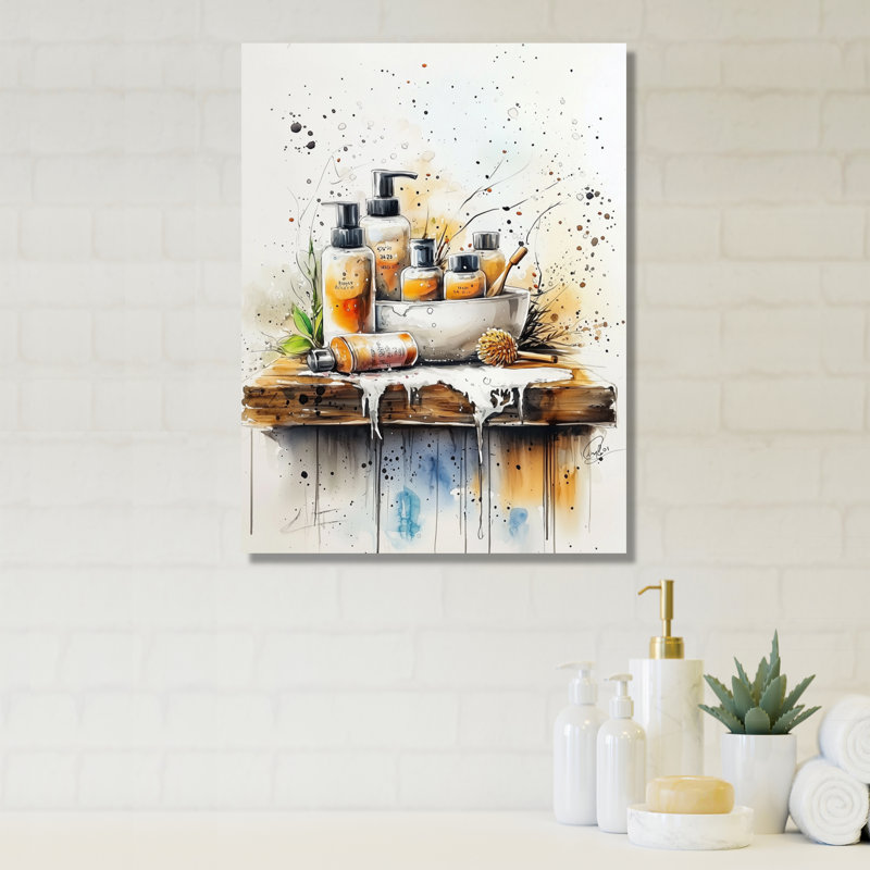 Articles de toilette orange et gris - Toilette, art mural, 20" H x 12" W, Toile tendue, Ne s’applique pas