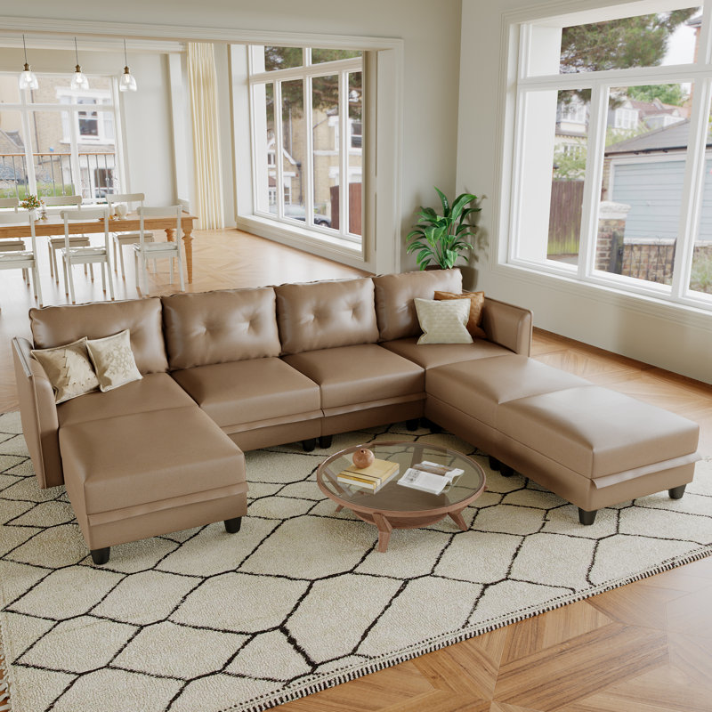 Canapé modulaire en U avec repose-pieds 7 pièces Zendajas, Similicuir brun