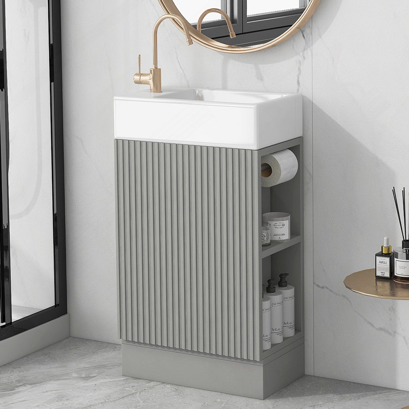 Meuble-lavabo de salle de bain avec lavabo, meuble-lavabo avec tablette, orientation gauche ou droite, Gris