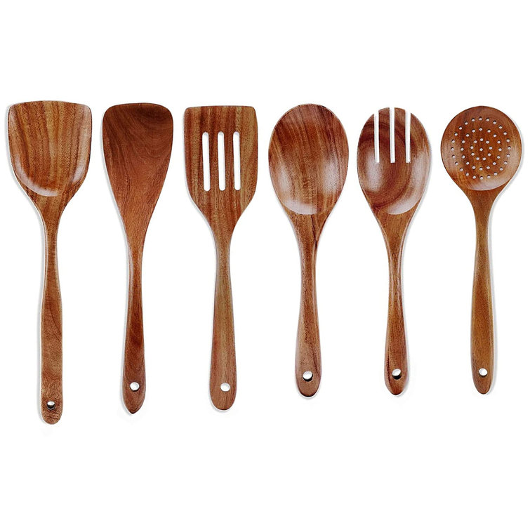 6pcs Wooden Kitchen Utensils Set Non-stick Slotted Spatula Spoon With Long  Handle Cookware Cooking Tools For Pasta Salad Soup