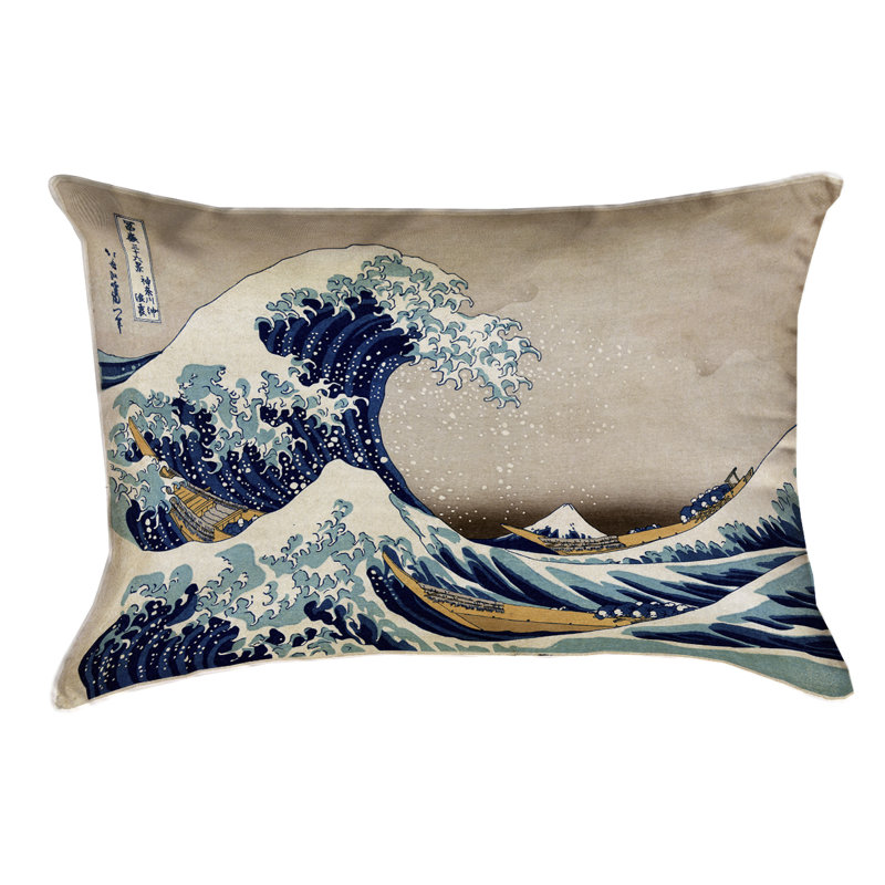 Katsushika Hokusai Leather/Suede Reversible Pillow Cover, Blue