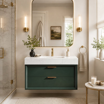 Meuble-lavabo mural simple 36 po avec comptoir en marbre, lavabo encastré en porcelaine, trop-plein et capteur