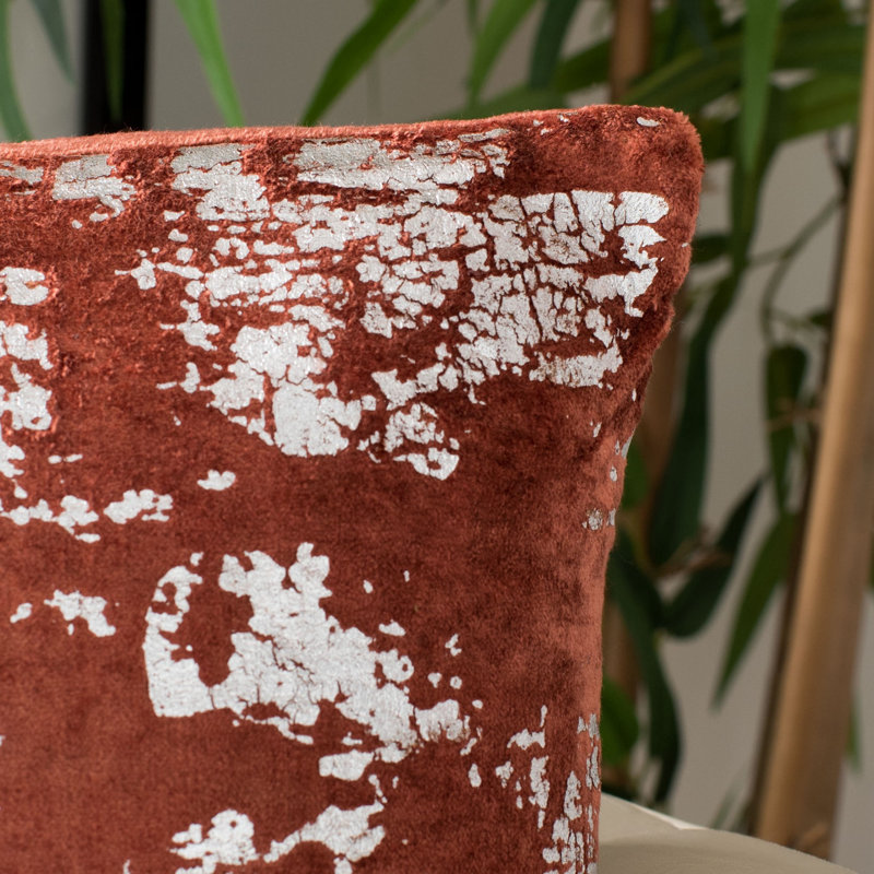 Burnt Orange Velvet Square Decorative Pillow with Silver Foil