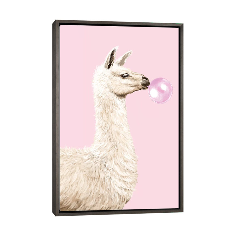 Art gomme à bulles ludique llama, H 40 po x l 26 po x P 1,5 po, Toile encadrée de bois rustique foncé