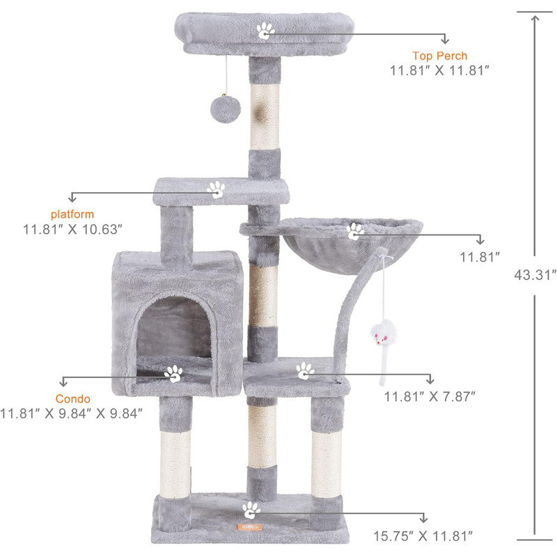 Light Gray Plush Cat Tower with Sisal Scratching Posts