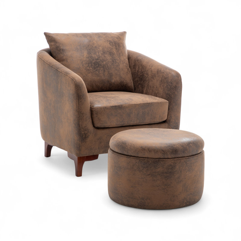 Upholstered Barrel Chair with Footstool, Brown Microfiber/Microsuede