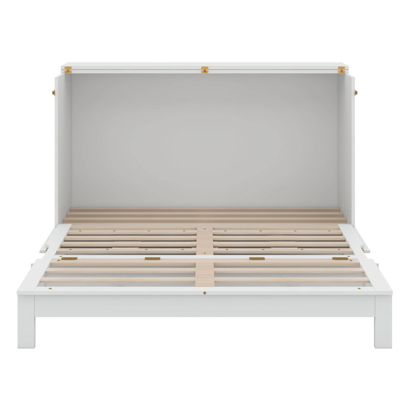Lit escamotable double en bois pleine grandeur avec grands tiroirs, Blanc, Queen