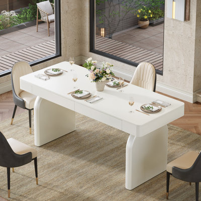 Table de salle à manger 63 "moderne blanche 63" pour 4-6, table de cuisine rectangulaire élégante avec 2 tiroirs