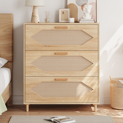 Commode 3 tiroirs en bois moderne avec façades en rotin - Buffet en chêne rustique pour salle à manger, couloir, chambre à coucher, assemblage facile, chêne naturel