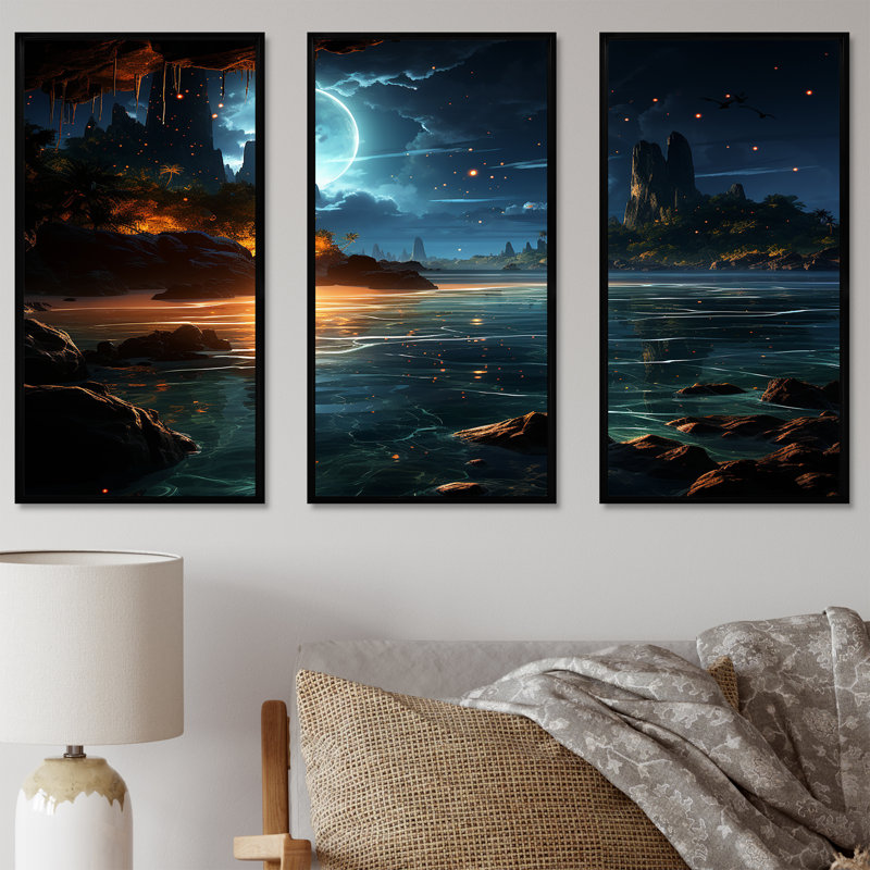 Mystic Tropical Beach Moonlight IV - Art mural plage, H 28 po x l 36 po x P 1 po, Cadre flottant noir