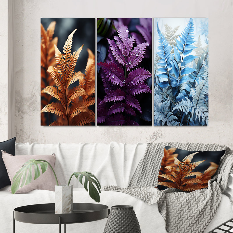 «Ferns Copper Glow», 3 pièces sur toile, H 32 po x l 48 po, Toile tendue
