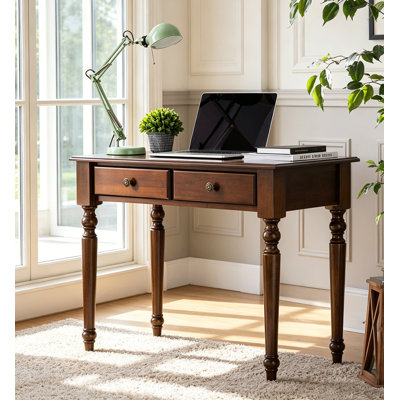 Elegant Traditional Wood Desk with Two Drawers & Turned Spindle Legs for Home Office