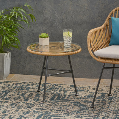 Table d'appoint pour l'extérieur en faux rotin, table de bout en verre trempé