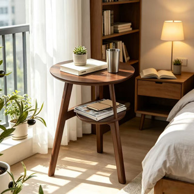 Solid Wood 2-Tier Side Table Sofa Side Table Living Room End Table Bedside Table,Solid Wood Round End Table, 2-Tier Small Side Table with Lower Storag