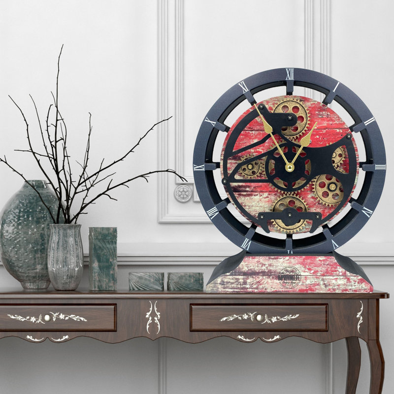 Mantel Clock 16" Round for Living Room decor with Real Moving Gears transformable into a Wall Clock (detachable base) Canada Collection
