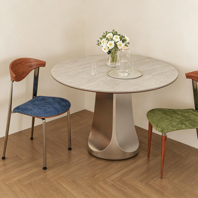 Beige-white+Silver Round Sintered Stone+Stainless Steel Dining Table