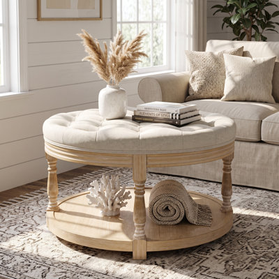 32" W Beige Upholstered Round Coffee Table with Rubberwood Shelf