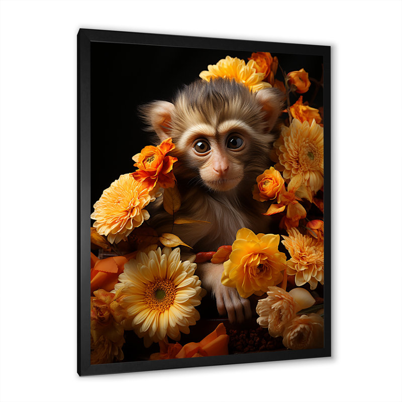 Jaune automnal, palette de singe - art mural singe, Cadre simple noir, H 44 po x l 34 po x P 1,5 po