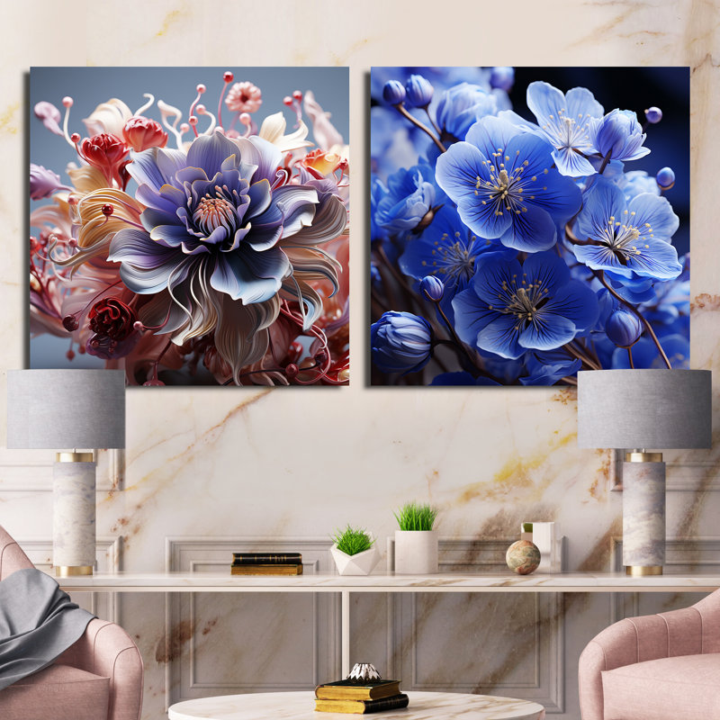 Abstract Floral Whispers - Ensemble de 2 collages carrés violets, H 16 po x l 33 po, Toile tendue