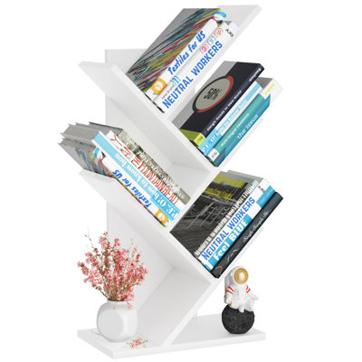 5 Tier Tree Book Shelf, Small Desktop Bookshelf with Storage Organizer, Wood Bookcase, Desk Display Bookshelves, Floor Standing Organizer Bookcases for Living Room,Bedroom,Office
