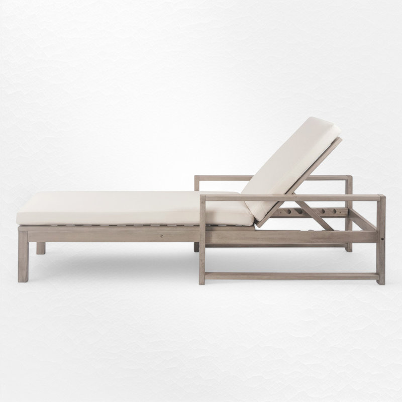 Chaise longue d'extérieur en bois massif avec coussin, Gris