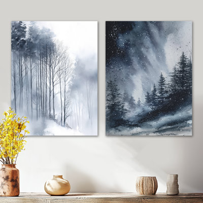 Hiver brouillard forêt gris et blanc paysage - ensemble de 2 impressions murales en métal gris