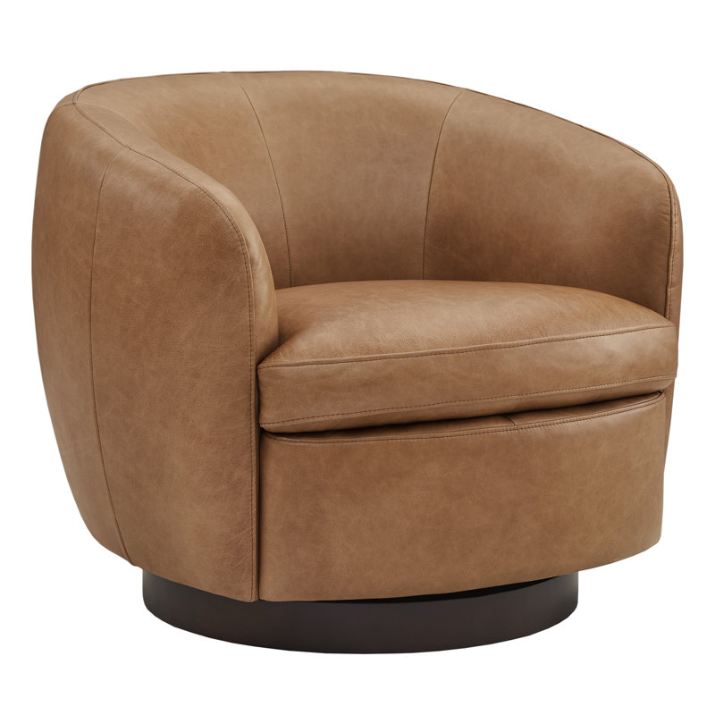 Marcy Geniue Leather Swivel Barrel Chair, Denali Ivory, Espresso Wood