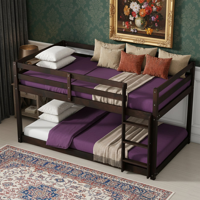 77" L Twin-over-Twin Low Profile Floor Bunk Bed, Solid Wood Frame, Brown, Brown