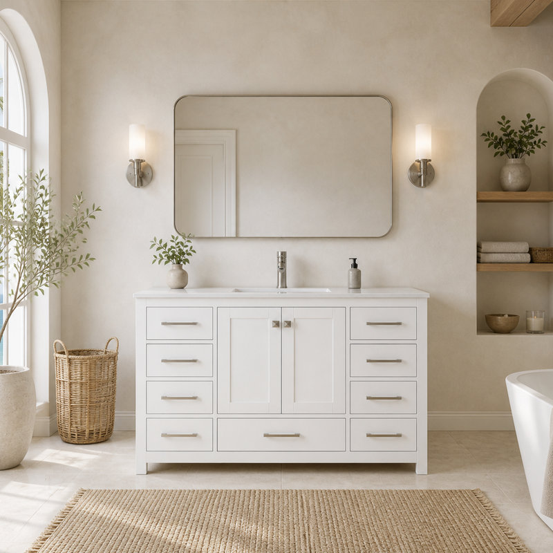 Anvay 48 in. Single Sink Freestanding Bathroom Vanity in Matte White with Carrara Quartz Top, Matte White, Quartz White