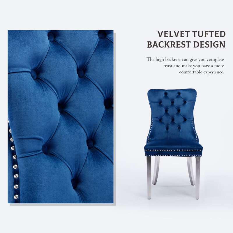 Ensemble de 4 chaises de salle à manger rembourrées en velours avec pieds argentés, Bleu foncé, Argent argent