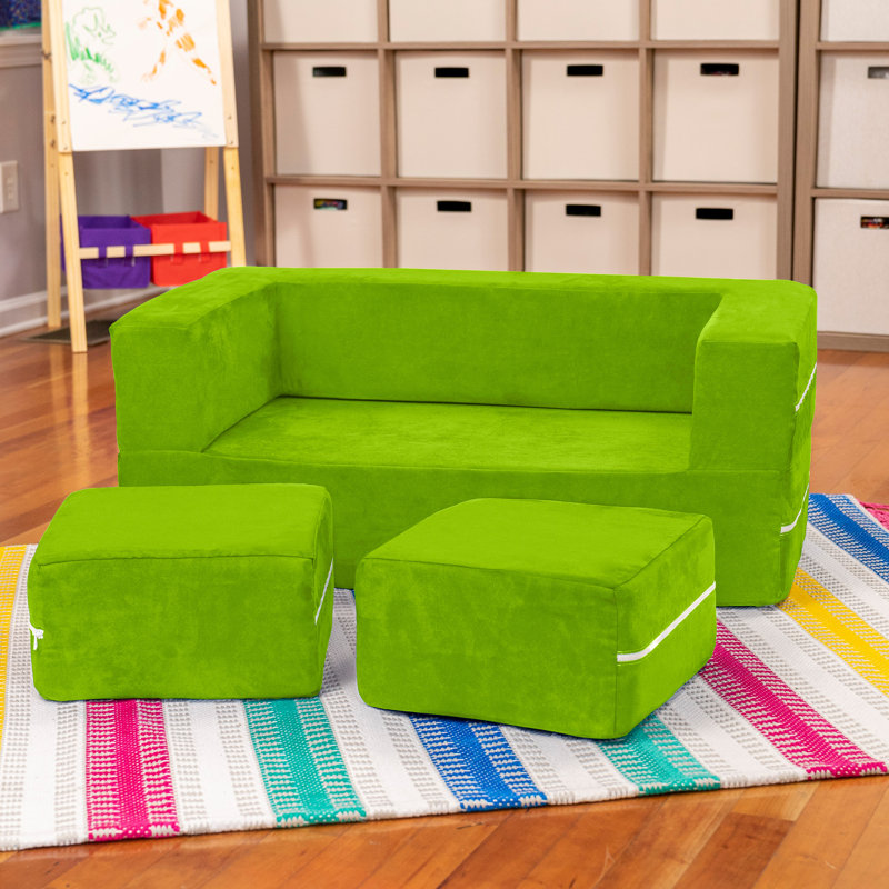 Altermease Zipline Modular Kids Loveseat & Ottomans/Fold Out Lounger, Lime