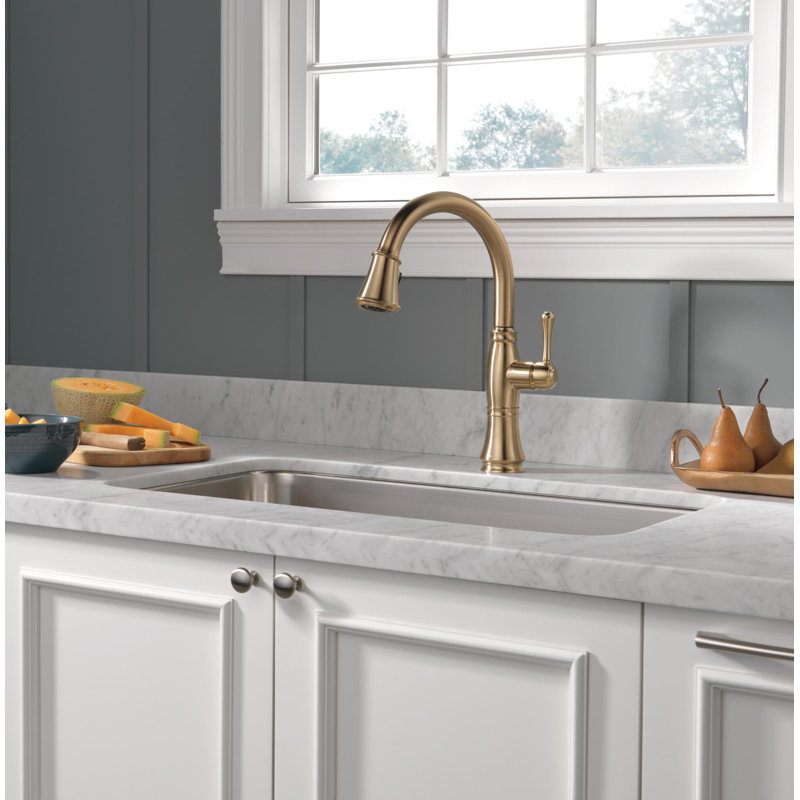 Robinet d'évier de cuisine à poignée simple avec bec pulvérisateur rétractable Cassidy™, Bronze-Champagne lustré