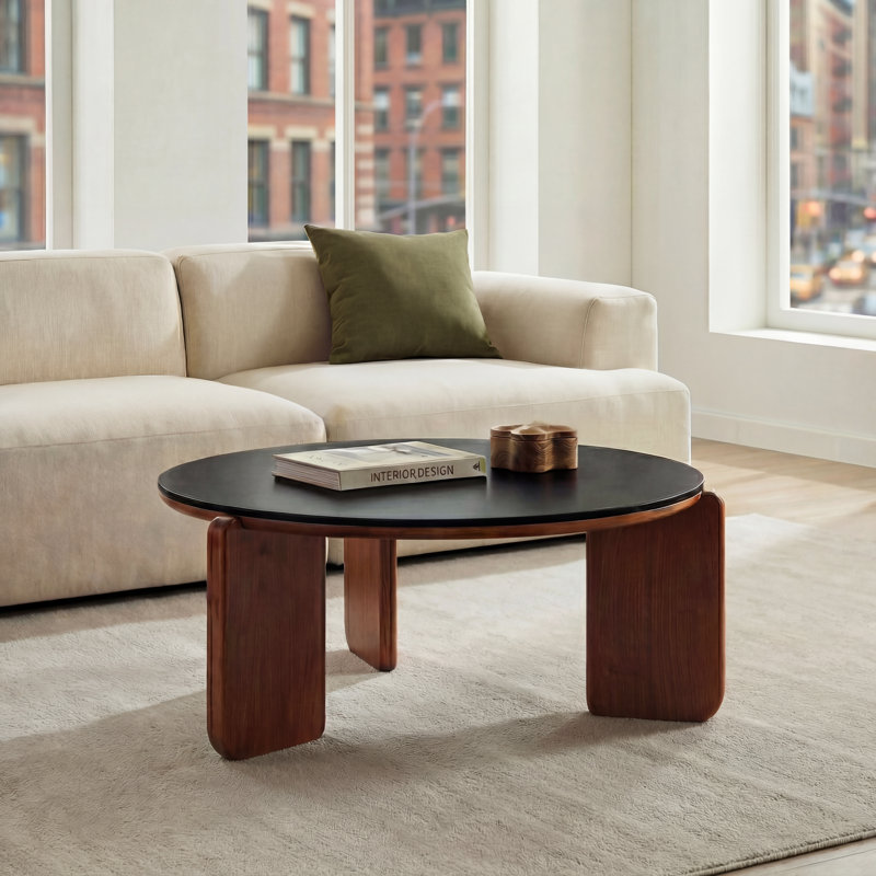 31.5" Modern Coffee Table with Stone/Wood Tabletop and Solid Wood Legs, Brown Poplar, Coffee Table, Black Sintered Stone