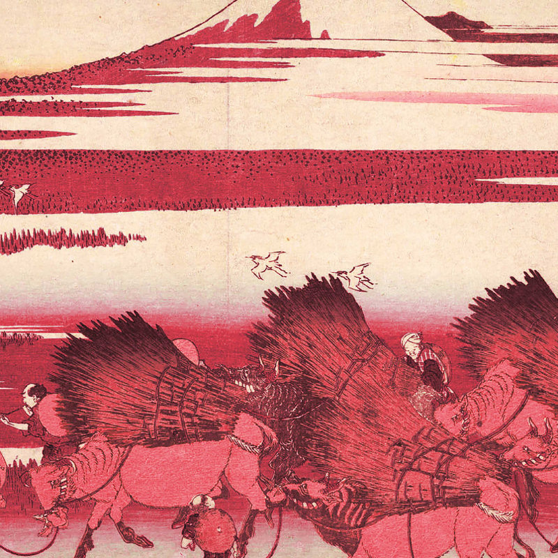 « japanese oxen » par katsushika hokusai,, reproduction d’art encadrée de rouge et de beige, H 14 po x l 18 po