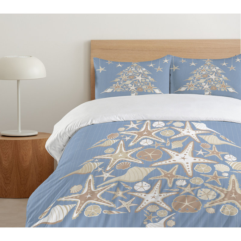 King Size Nautical Christmas Duvet Cover Set in Beige and Blue Microfiber