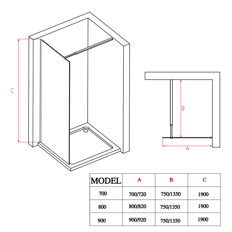 Maes 900mm - 920mm W x 1900mm H Single Added Frameless Walk In Glass Screens with Clear Glass