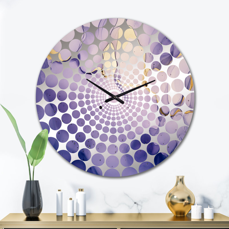 Horloge murale mauve et dorée à l'encre de marbre VI - Fractals, Grand