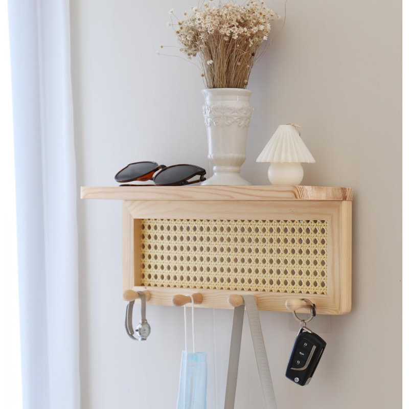 Rattan Key Holder With 4 Key Hooks,Wall Mounted Decorative Floating Shelf For Entryway,Nursery,Mudroom, Hallway, Office