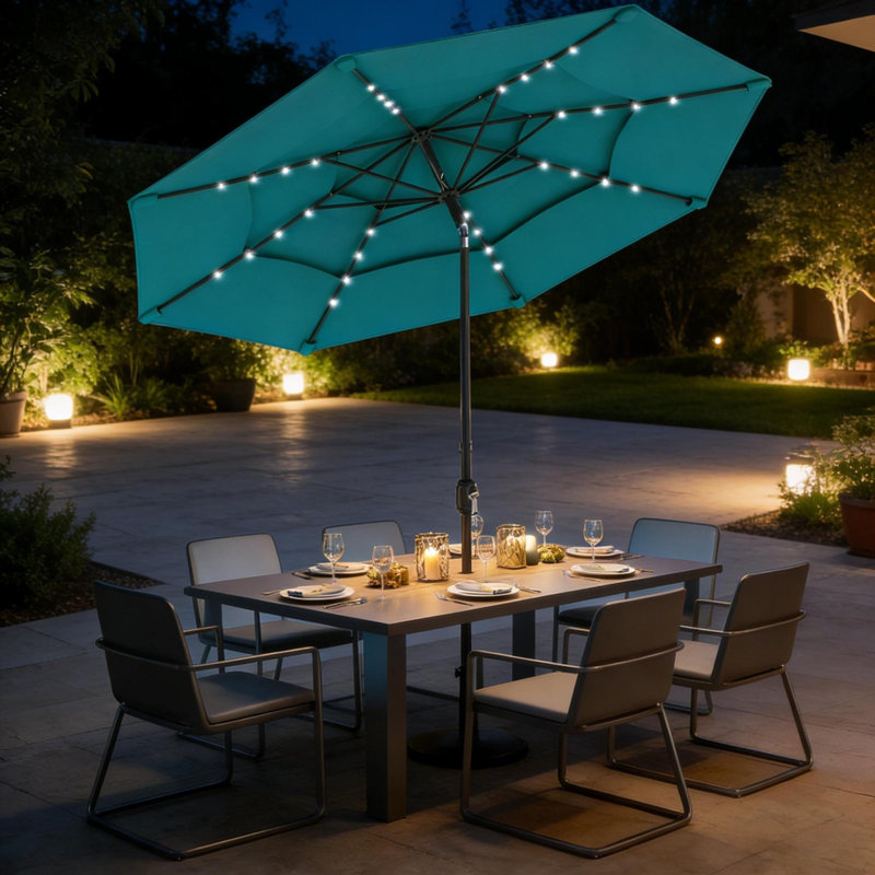Parasols modernes de patio solaire, auvent en polyester bleu sarcelle, salle à manger extérieure